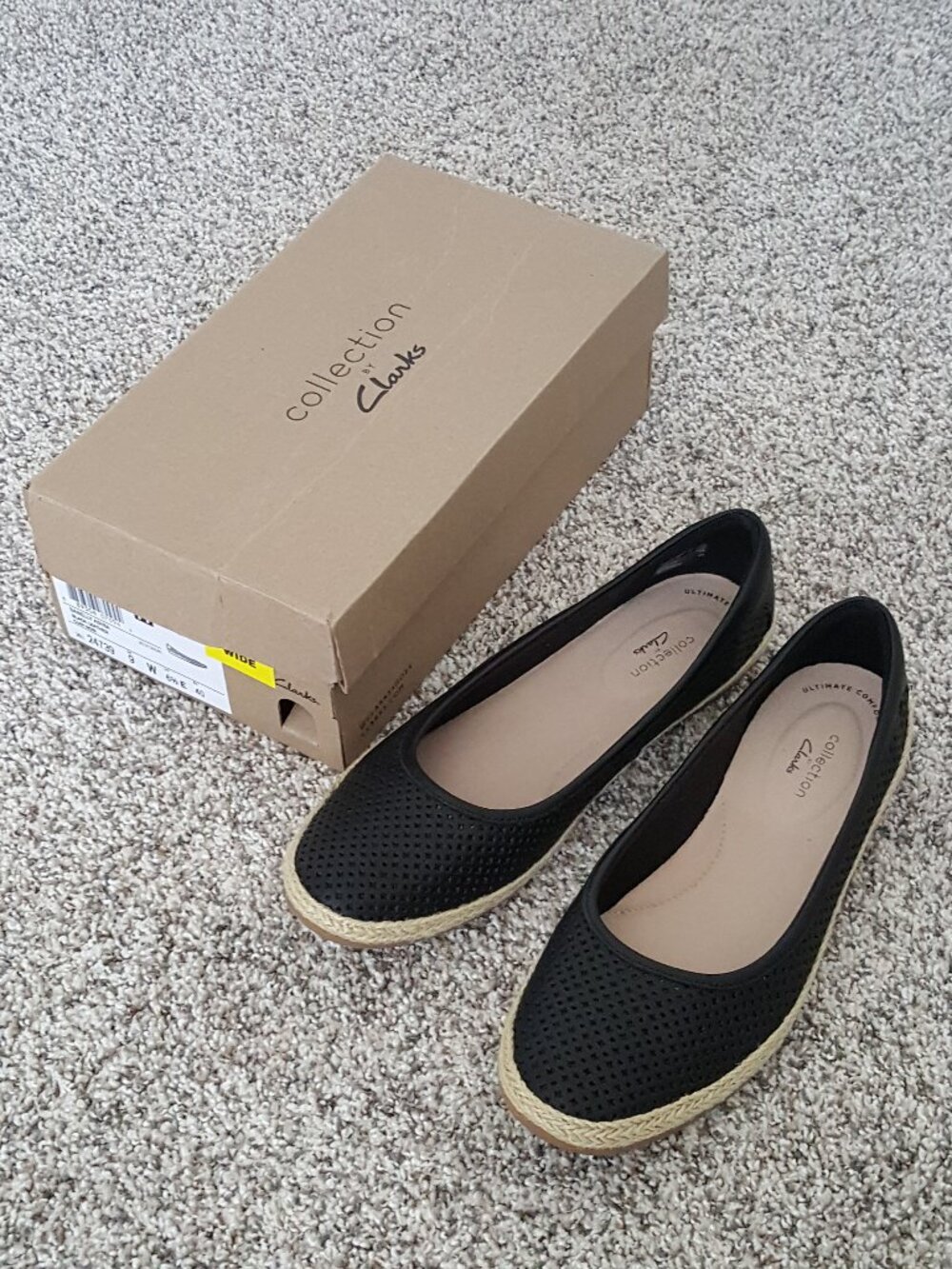 Clarks WIDE Black Perforated Leather Espadrille Flats Shoes 9 Ballerina Ballet
